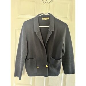 Ann Taylor Loft Womens M Knitted Blazer Jacket Gold Button Navy Cropped 3/4 Sl